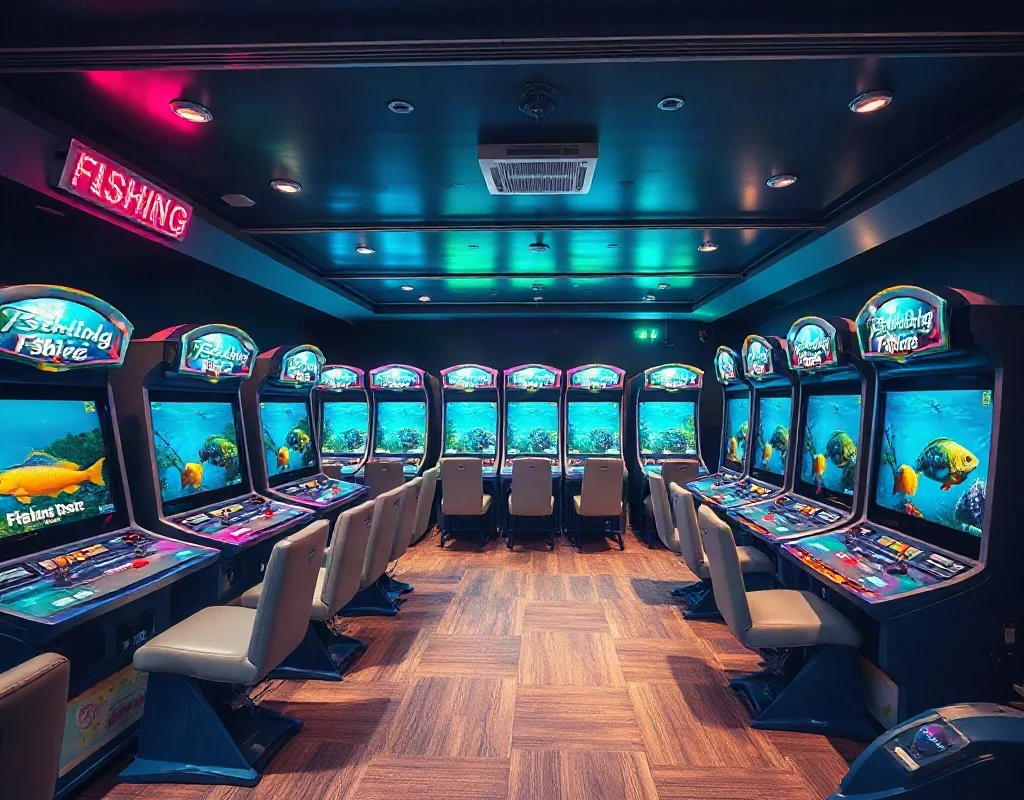 Phòng game với dãy máy bắn cá hiện đại, màn hình hiển thị cảnh biển nhiệt đới rực rỡ.