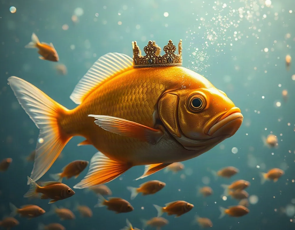 Cá lớn với vương miện vàng bơi giữa đàn cá nhỏ