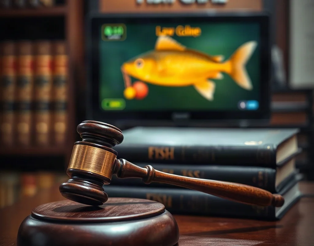 Búa gõ và sách luật trên bàn, phía sau là màn hình game bắn cá mờ